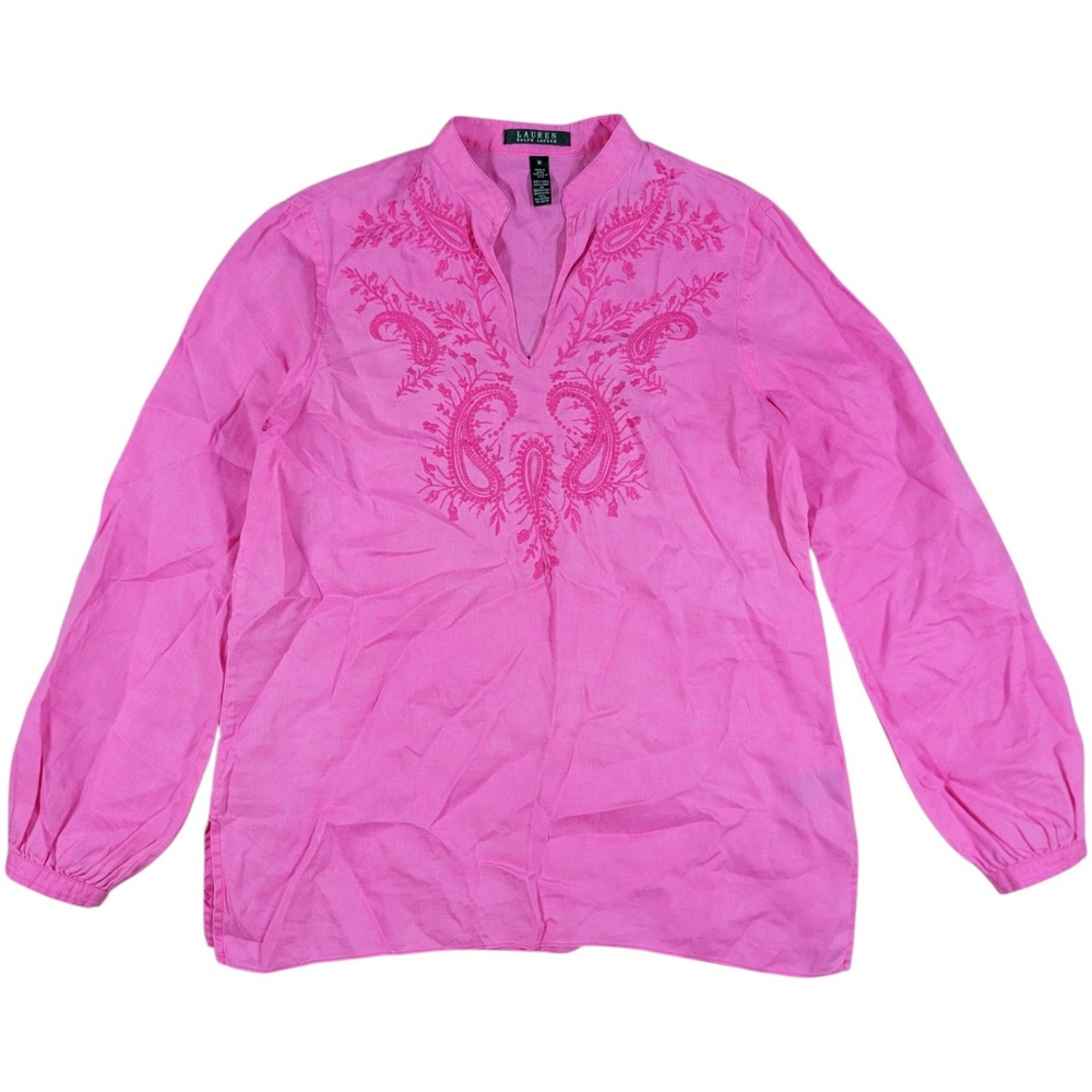 LRL Ralph Lauren Linen Tunic Top Womens M Pink Embroidered Blouse Colorful Boho